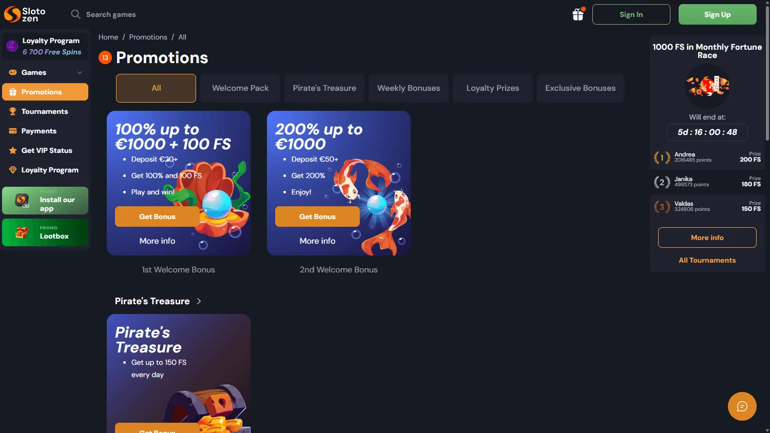 Slotozen Casino desktop promotions area with deposit bonuses, cashback and free spins