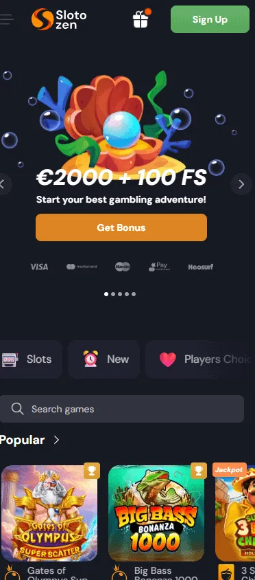Slotozen Casino mobile games lobby with casino categories and game browsing