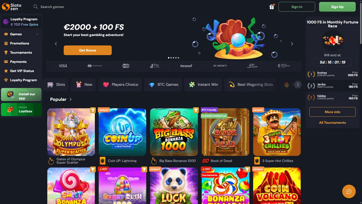Slotozen Casino desktop games lobby with pokies, live casino and table game categories