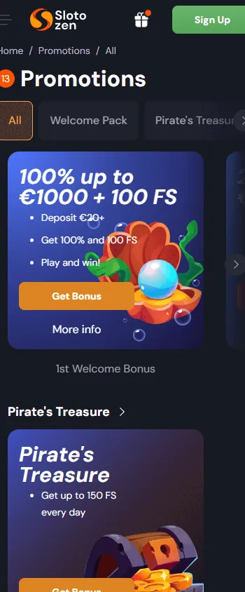 Slotozen Casino mobile promotions area with free spins and deposit offers