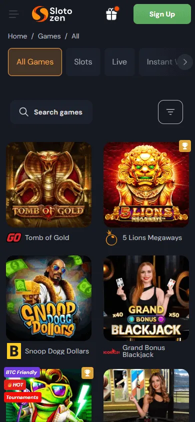 Slotozen Casino mobile game selection with pokies and live casino options