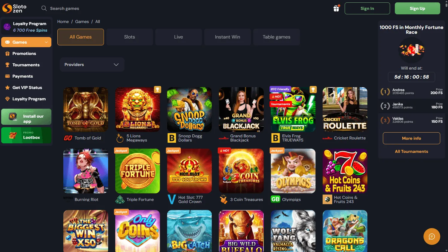 Slotozen Casino desktop game selection with slots, live games, jackpots and table games